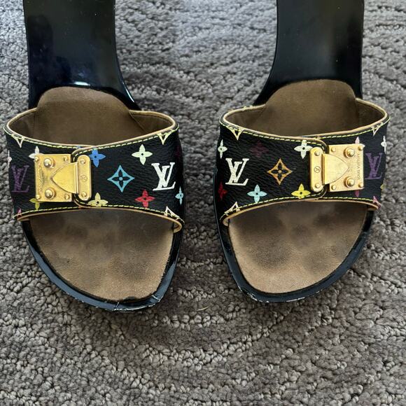 Louis Vuitton Y2K Murakami Black Multicolor LV Buckle Mule Sandals Heels EU 36.5 - Picture 4 of 14